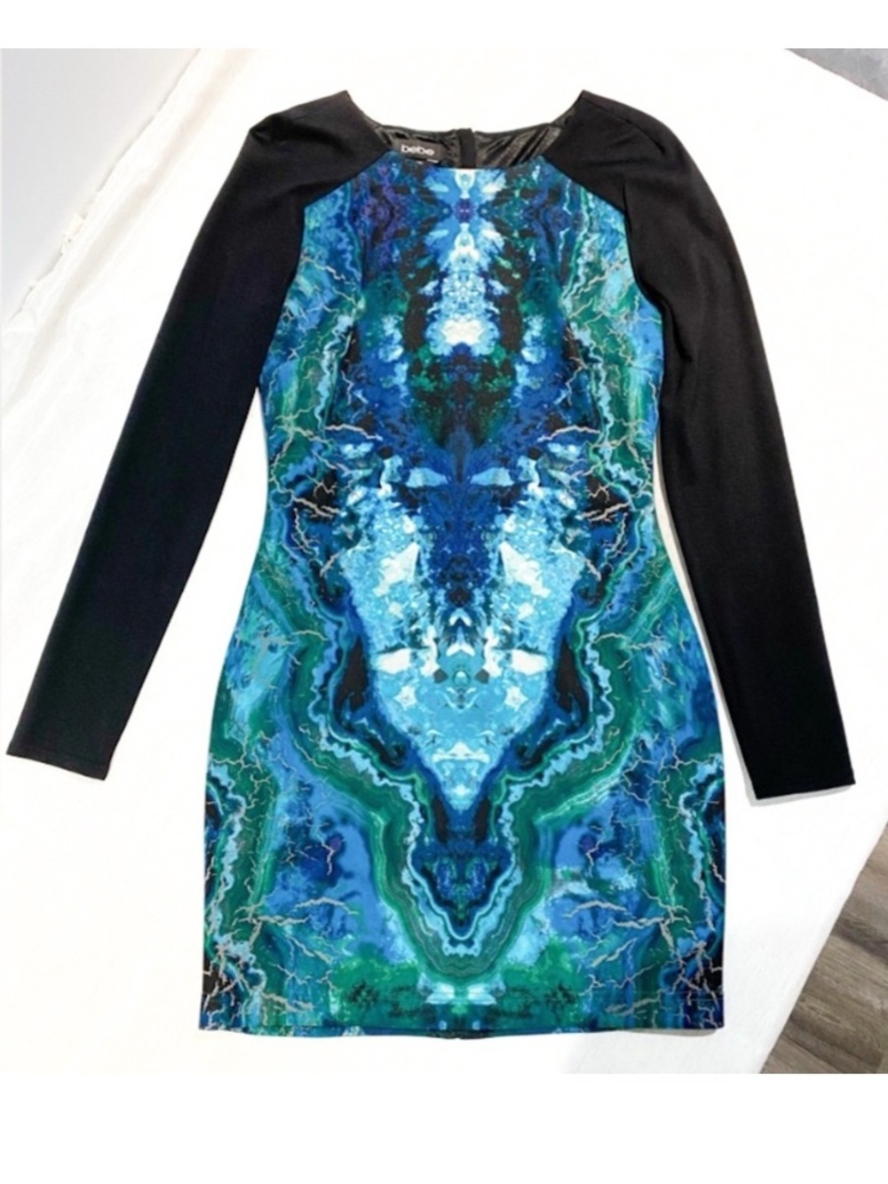 bebe Blue and Black Long Sleeve Neoprene Bodycon Dress